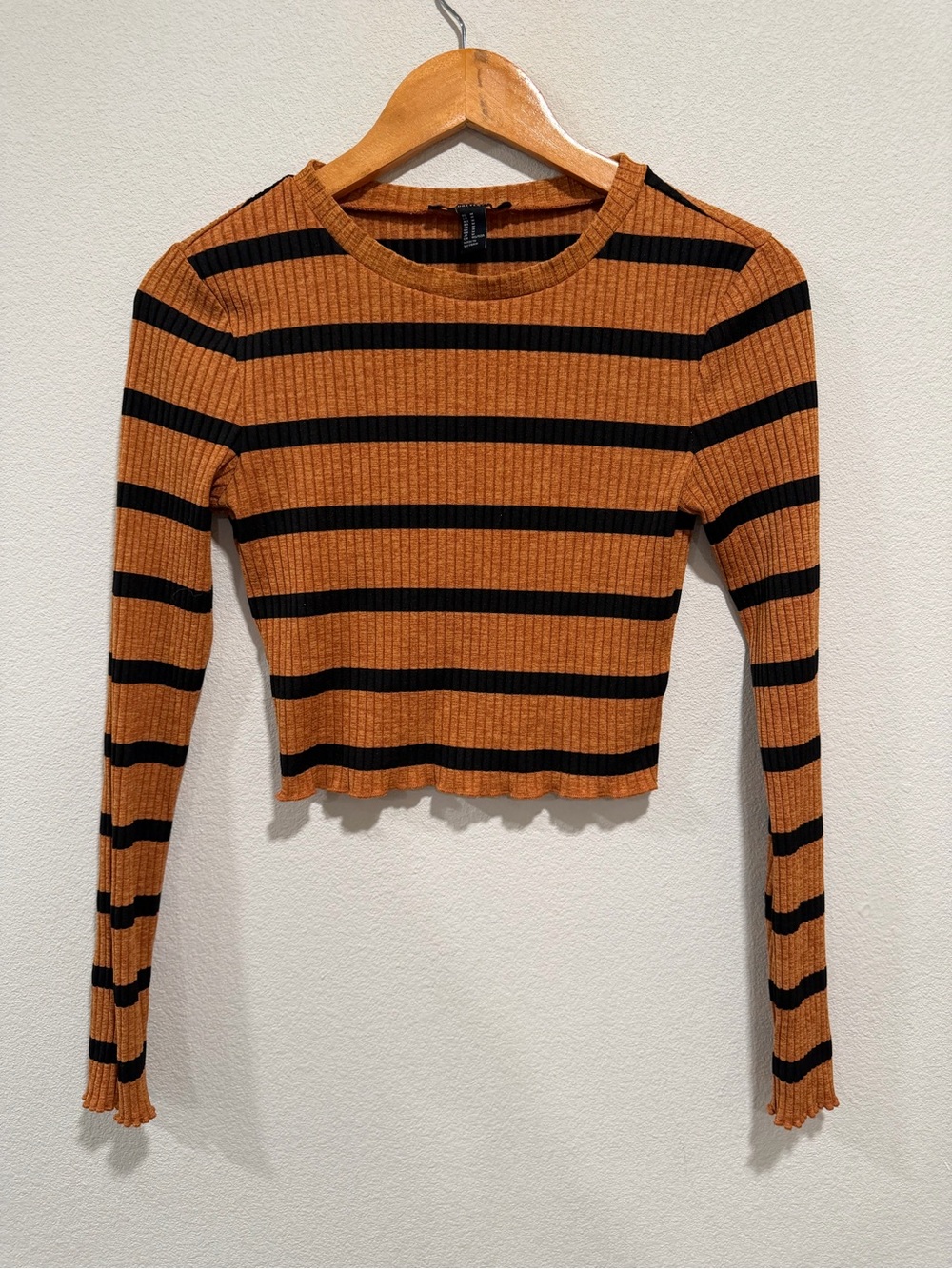 Striped Ribbed Long-Sleeve Crop Top - Mustard Orange/Black